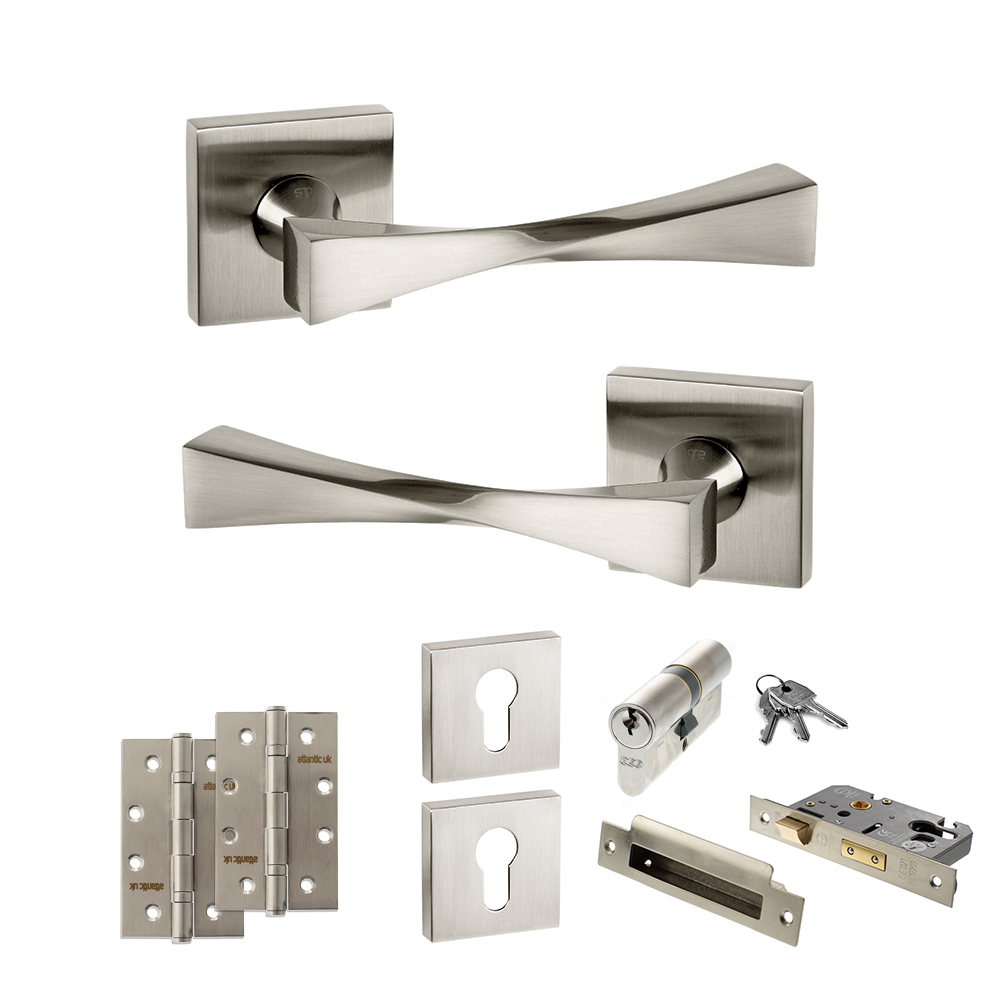 ADPSP190SN25_SENZA20PARI20GUIDO20SATIN20NICKEL.jpg Atlantic Senza Pari Guido Door Handle Pack (Euro Lock Set - 3" CE Sashlock, 4" Slim Knuckle Hinges x2) - Satin Nickel - Image 1