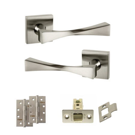 Senza Pari Guido Door Handle Pack (Latch Set - 3" CE Latch, 4" Slim Knuckle Hinges x2) - Satin Nickel