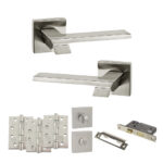 Atlantic Senza Pari Giovanni Door Handle Pack (Bathroom Set - 2.5" CE Bathroom Lock, 4" Fire Rated Hinges x3) - Satin Nickel