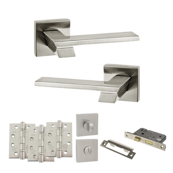 Atlantic Senza Pari Giovanni Door Handle Pack (Bathroom Set - 2.5" CE Bathroom Lock, 4" Fire Rated Hinges x3) - Satin Nickel