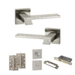 Atlantic Senza Pari Giovanni Door Handle Pack (Bathroom Set - 2.5" CE Bathroom Lock, 4" Slim Knuckle Hinges x2) - Satin Nickel