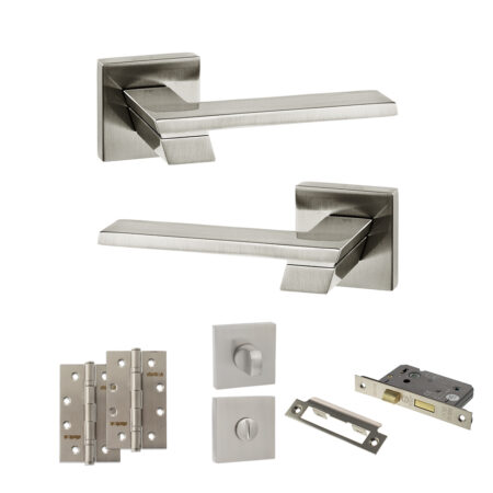 Atlantic Senza Pari Giovanni Door Handle Pack (Bathroom Set - 2.5" CE Bathroom Lock, 4" Slim Knuckle Hinges x2) - Satin Nickel