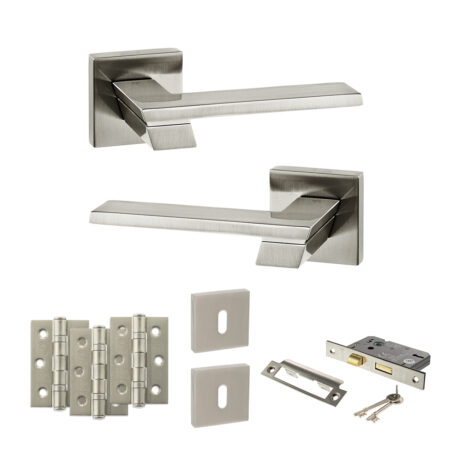 Atlantic Senza Pari Giovanni Door Handle Pack (3 Lever Lock Set - 2.5" CE Sashlock, 3" Fire Rated Hinges x3) - Satin Nickel