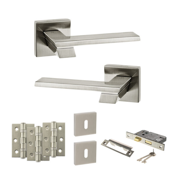 Atlantic Senza Pari Giovanni Door Handle Pack (3 Lever Lock Set - 2.5" CE Sashlock, 3" Fire Rated Hinges x3) - Satin Nickel