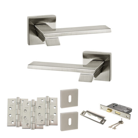 Atlantic Senza Pari Giovanni Door Handle Pack (3 Lever Lock Set - 2.5" CE Sashlock, 4" Fire Rated Hinges x3) - Satin Nickel