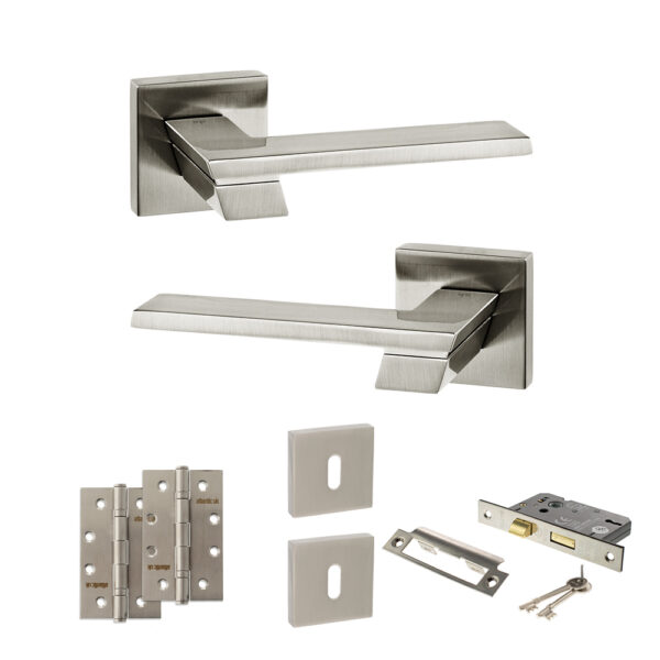 Atlantic Senza Pari Giovanni Door Handle Pack (3 Lever Lock Set - 2.5" CE Sashlock, 4" Slim Knuckle Hinges x2) - Satin Nickel