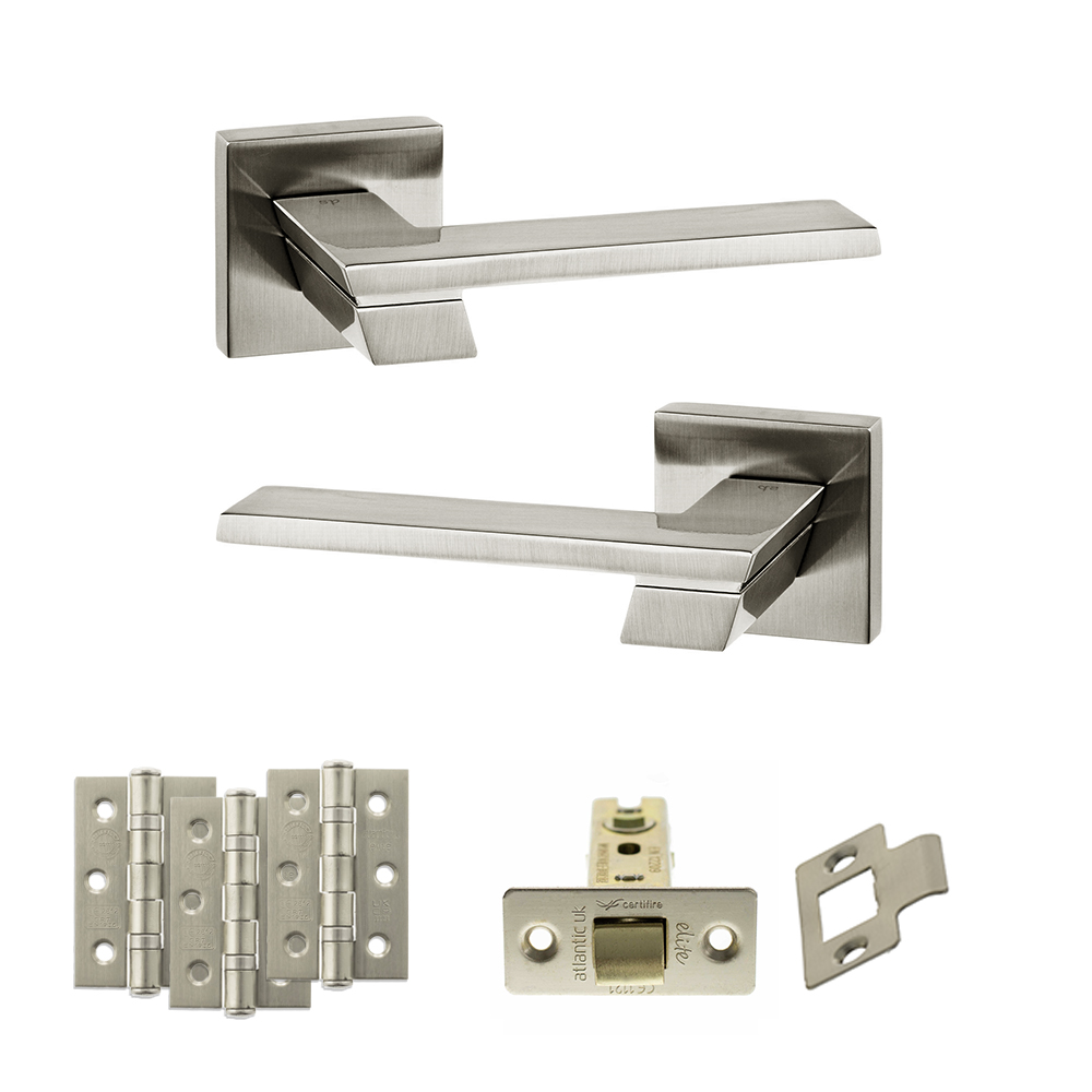 ADPSP203SN1_SENZA20PARI20GIOVANNI20SATIN20NICKEL.jpg Atlantic Senza Pari Giovanni Door Handle Pack (Latch Set - 2.5" CE Latch, 3" Fire Rated Hinges x3) - Satin Nickel - Image 1