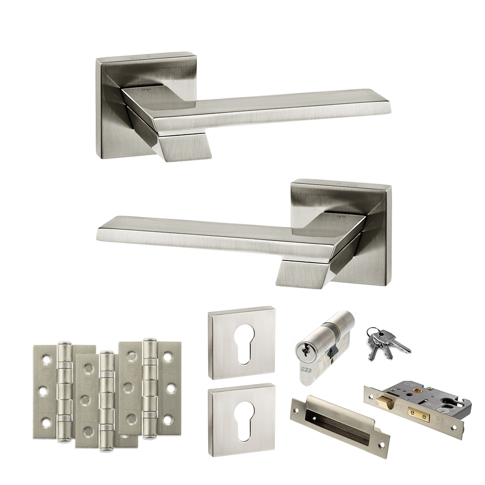 ADPSP203SN20_SENZA20PARI20GIOVANNI20SATIN20NICKEL.jpg Atlantic Senza Pari Giovanni Door Handle Pack (Euro Lock Set - 2.5" CE Sashlock, 3" Fire Rated Hinges x3) - Satin Nickel - Image 1