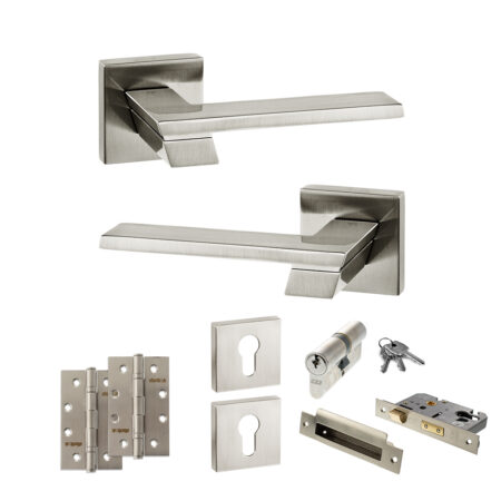 Atlantic Senza Pari Giovanni Door Handle Pack (Euro Lock Set - 2.5" CE Sashlock, 4" Slim Knuckle Hinges x2) - Satin Nickel