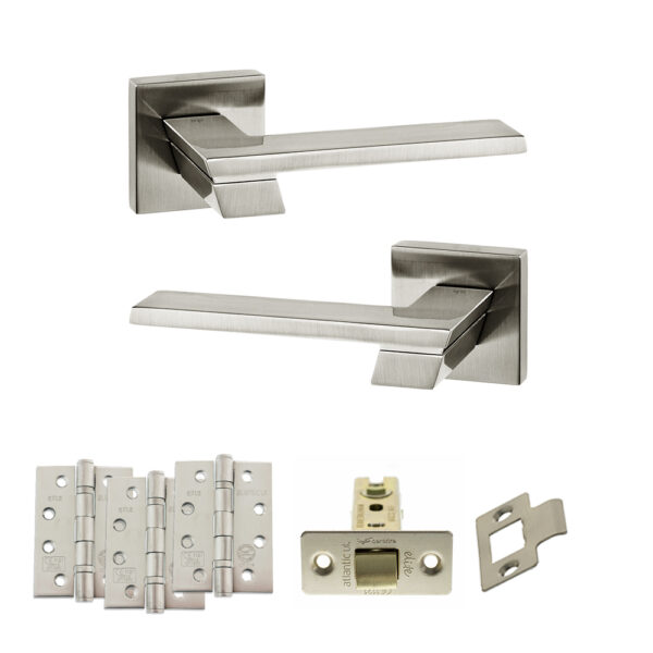 Atlantic Senza Pari Giovanni Door Handle Pack (Latch Set - 3" CE Latch, 4" Fire Rated Hinges x3) - Satin Nickel