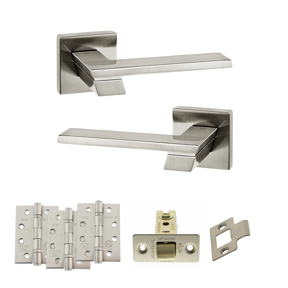 ADPSP203SN4_SENZA20PARI20GIOVANNI20SATIN20NICKEL.jpg Atlantic Senza Pari Giovanni Door Handle Pack (Latch Set - 3" CE Latch, 4" Fire Rated Hinges x3) - Satin Nickel - Image 1