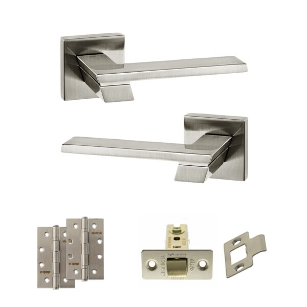 Atlantic Senza Pari Giovanni Door Handle Pack (Latch Set - 2.5" CE Latch, 4" Slim Knuckle Hinges x2) - Satin Nickel