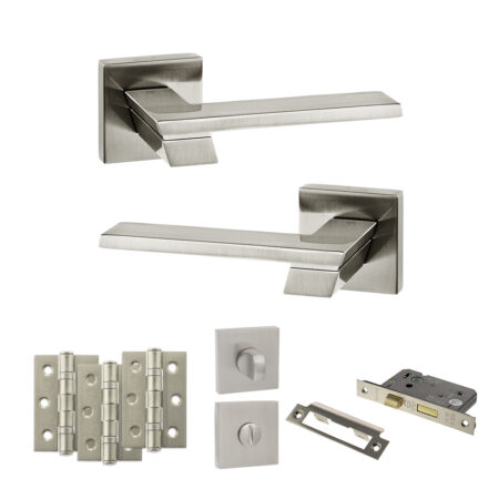 Atlantic Senza Pari Giovanni Door Handle Pack (Bathroom Set - 3" CE Bathroom Lock, 3" Fire Rated Hinges x3) - Satin Nickel