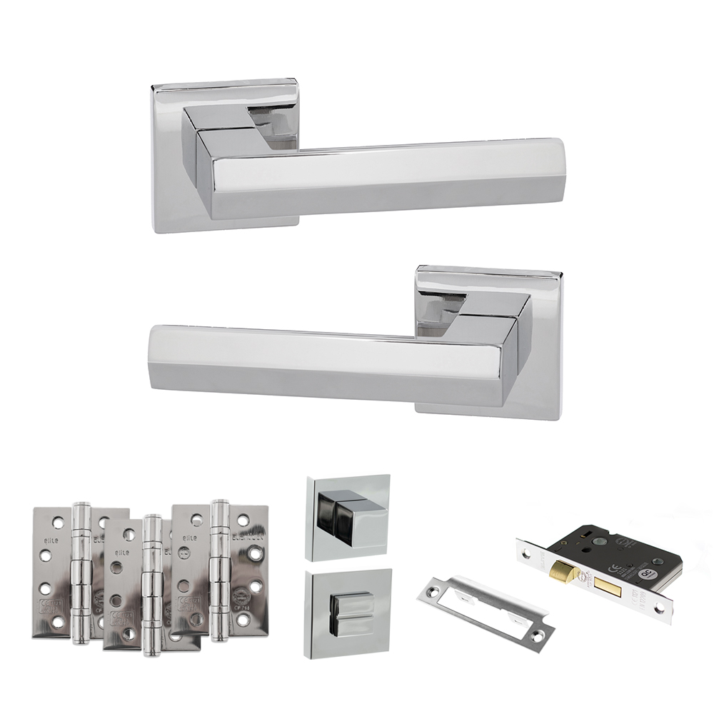ADPSP216PC10_SENZA20PARI20DAVOLI20POLISHED20CHROME.jpg Atlantic Senza Pari Davoli Door Handle Pack (Bathroom Set - 2.5" CE Bathroom Lock, 4" Fire Rated Hinges x3) - Polished Chrome - Image 1