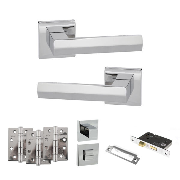 Atlantic Senza Pari Davoli Door Handle Pack (Bathroom Set - 3" CE Bathroom Lock, 4" Fire Rated Hinges x3) - Polished Chrome
