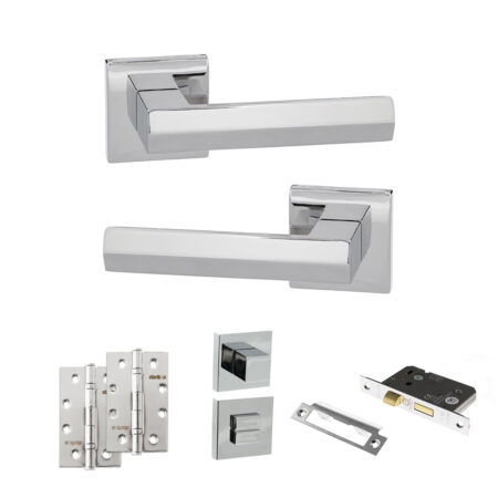 Atlantic Senza Pari Davoli Door Handle Pack (Bathroom Set - 2.5" CE Bathroom Lock, 4" Slim Knuckle Hinges x2) - Polished Chrome