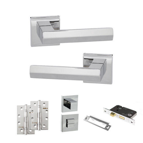 Atlantic Senza Pari Davoli Door Handle Pack (Bathroom Set - 3" CE Bathroom Lock, 4" Slim Knuckle Hinges x2) - Polished Chrome
