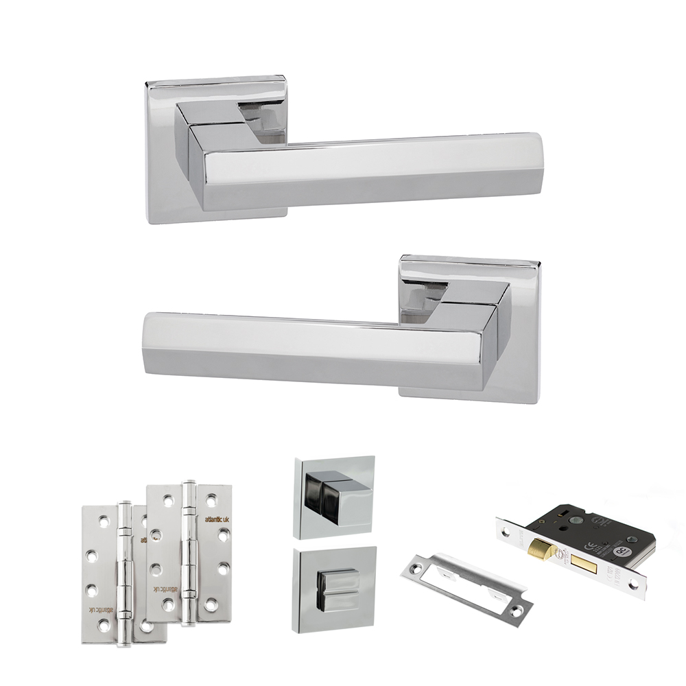 ADPSP216PC13_SENZA20PARI20DAVOLI20POLISHED20CHROME.jpg Atlantic Senza Pari Davoli Door Handle Pack (Bathroom Set - 3" CE Bathroom Lock, 4" Slim Knuckle Hinges x2) - Polished Chrome - Image 1
