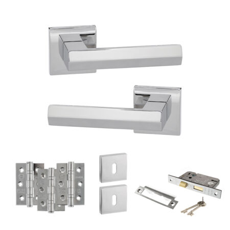 Atlantic Senza Pari Davoli Door Handle Pack (3 Lever Lock Set - 2.5" CE Sashlock, 3" Fire Rated Hinges x3) - Polished Chrome