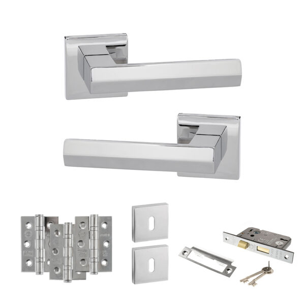Atlantic Senza Pari Davoli Door Handle Pack (3 Lever Lock Set - 2.5" CE Sashlock, 3" Fire Rated Hinges x3) - Polished Chrome