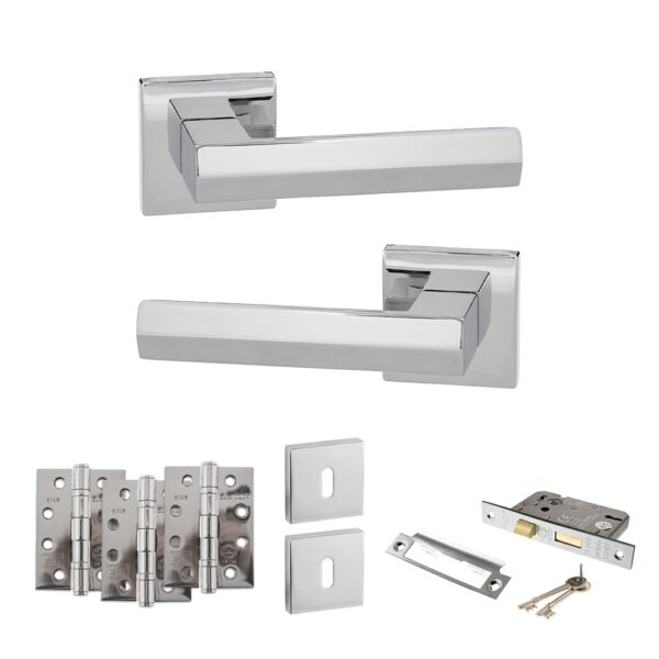 Atlantic Senza Pari Davoli Door Handle Pack (3 Lever Lock Set - 2.5" CE Sashlock, 4" Fire Rated Hinges x3) - Polished Chrome