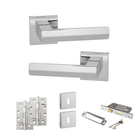 Atlantic Senza Pari Davoli Door Handle Pack (3 Lever Lock Set - 2.5" CE Sashlock, 4" Slim Knuckle Hinges x2) - Polished Chrome
