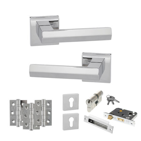 Atlantic Senza Pari Davoli Door Handle Pack (Euro Lock Set - 3" CE Sashlock, 3" Fire Rated Hinges x3) - Polished Chrome