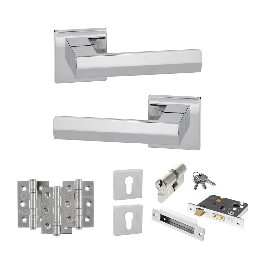 ADPSP216PC21_SENZA20PARI20DAVOLI20POLISHED20CHROME.jpg Atlantic Senza Pari Davoli Door Handle Pack (Euro Lock Set - 3" CE Sashlock, 3" Fire Rated Hinges x3) - Polished Chrome - Image 1