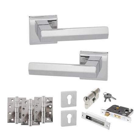 Atlantic Senza Pari Davoli Door Handle Pack (Euro Lock Set - 3" CE Sashlock, 4" Fire Rated Hinges x3) - Polished Chrome