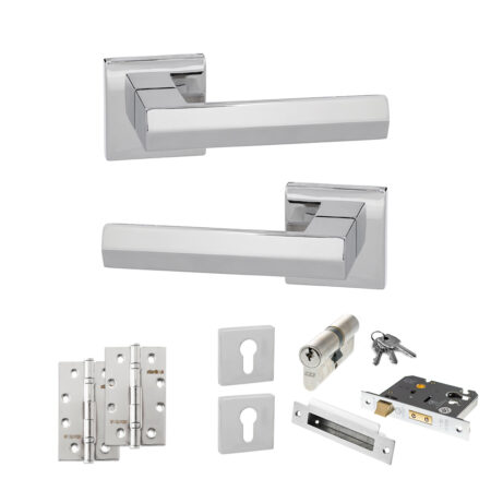 Atlantic Senza Pari Davoli Door Handle Pack (Euro Lock Set - 2.5" CE Sashlock, 4" Slim Knuckle Hinges x2) - Polished Chrome