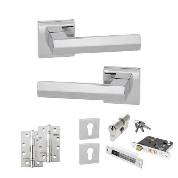Atlantic Senza Pari Davoli Door Handle Pack (Euro Lock Set - 2.5" CE Sashlock, 4" Slim Knuckle Hinges x2) - Polished Chrome