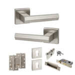 Atlantic Senza Pari Davoli Door Handle Pack (Euro Lock Set - 3" CE Sashlock, 4" Slim Knuckle Hinges x2) - Satin Nickel
