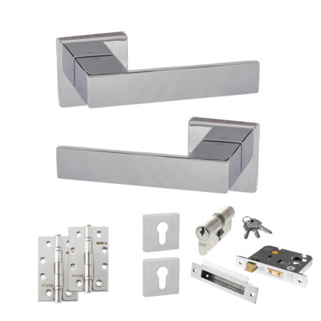 Senza Pari Panetti Door Handle Pack (Euro Lock Set - 3" CE Sashlock, 4" Slim Knuckle Hinges x2) - Polished Chrome