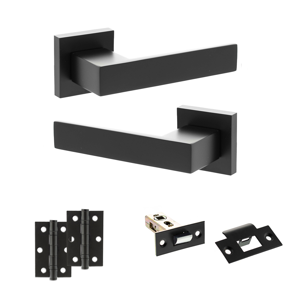 ADPSP217MB7_SENZA20PARI20PANETTI20MATT20BLACK.jpg Atlantic Senza Pari Panetti Door Handle Pack (Latch Set - 2.5" Latch, 3" Hinges x2) - Matt Black - Image 1