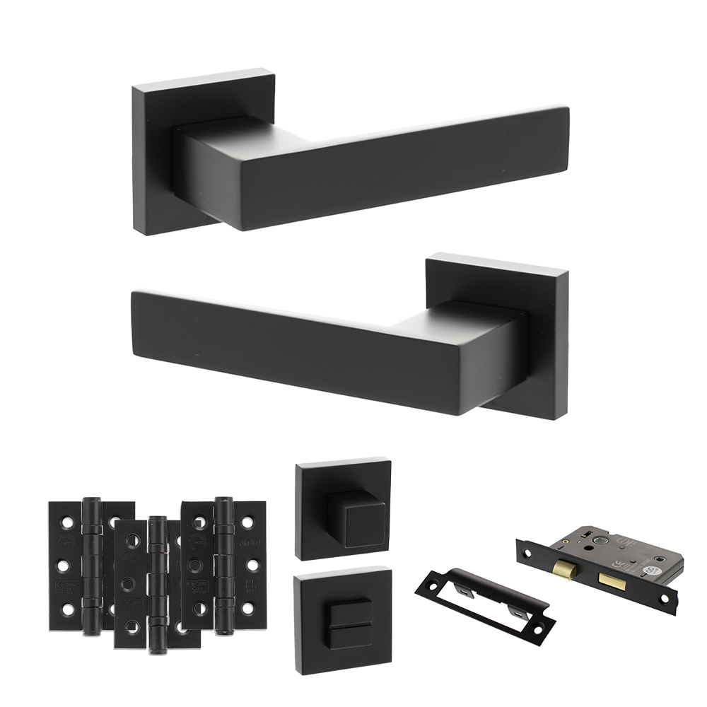 ADPSP217MB8_SENZA20PARI20PANETTI20MATT20BLACK.jpg Atlantic Senza Pari Panetti Door Handle Pack (Bathroom Set - 2.5" CE Bathroom Lock, 3" Fire Rated Hinges x3) - Matt Black - Image 1