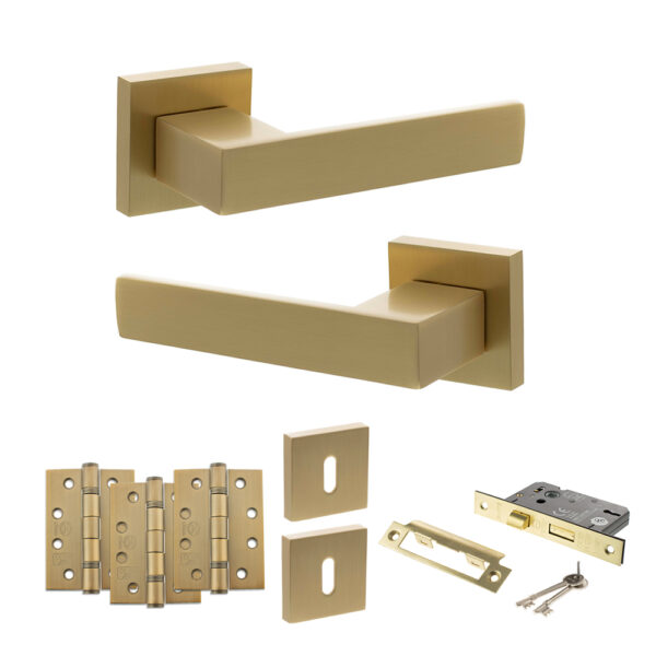 Senza Pari Panetti Door Handle Pack (3 Lever Lock Set - 2.5" CE Sashlock, 4" Fire Rated Hinges x3) - Satin Brass