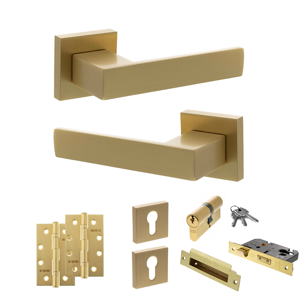 ADPSP217SB25_SENZA20PARI20PANETTI20SATIN20BRASS.jpg Atlantic Senza Pari Panetti Door Handle Pack (Euro Lock Set - 3" CE Sashlock, 4" Slim Knuckle Hinges x2) - Satin Brass - Image 1