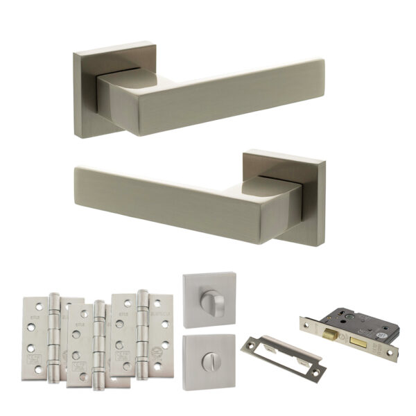 Senza Pari Panetti Door Handle Pack (Bathroom Set - 2.5" CE Bathroom Lock, 4" Fire Rated Hinges x3) - Satin Nickel