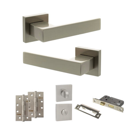 Senza Pari Panetti Door Handle Pack (Bathroom Set - 2.5" CE Bathroom Lock, 4" Slim Knuckle Hinges x2) - Satin Nickel