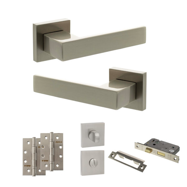 Senza Pari Panetti Door Handle Pack (Bathroom Set - 3" CE Bathroom Lock, 4" Slim Knuckle Hinges x2) - Satin Nickel