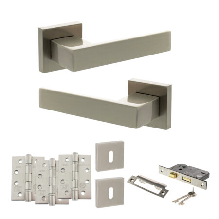 Senza Pari Panetti Door Handle Pack (3 Lever Lock Set - 2.5" CE Sashlock, 4" Fire Rated Hinges x3) - Satin Nickel