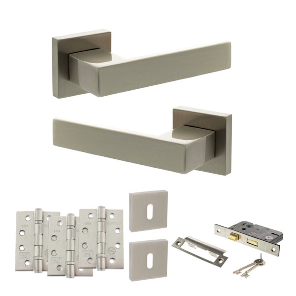 Senza Pari Panetti Door Handle Pack (3 Lever Lock Set - 3" CE Sashlock, 4" Fire Rated Hinges x3) - Satin Nickel