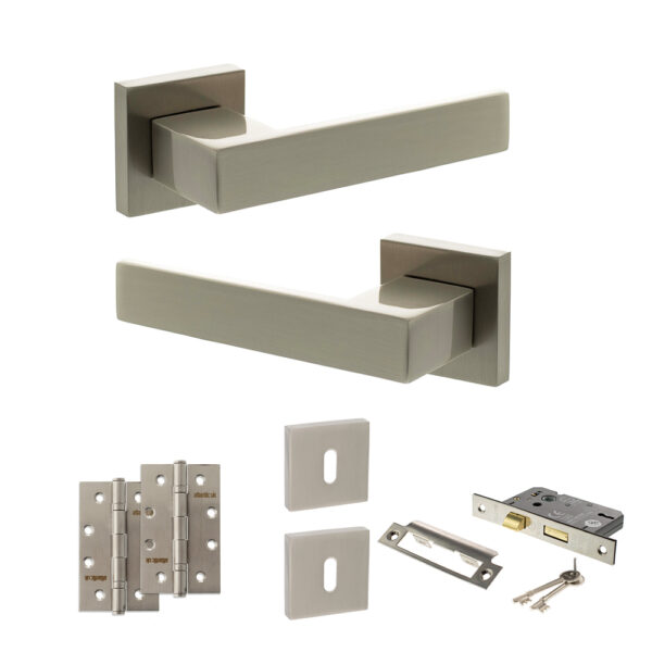 Senza Pari Panetti Door Handle Pack (3 Lever Lock Set - 3" CE Sashlock, 4" Slim Knuckle Hinges x2) - Satin Nickel