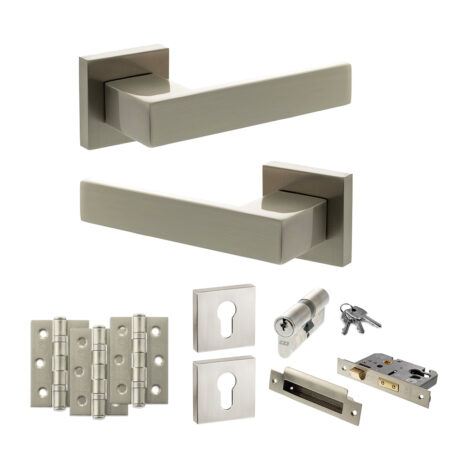Senza Pari Panetti Door Handle Pack (Euro Lock Set - 3" CE Sashlock, 3" Fire Rated Hinges x3) - Satin Nickel