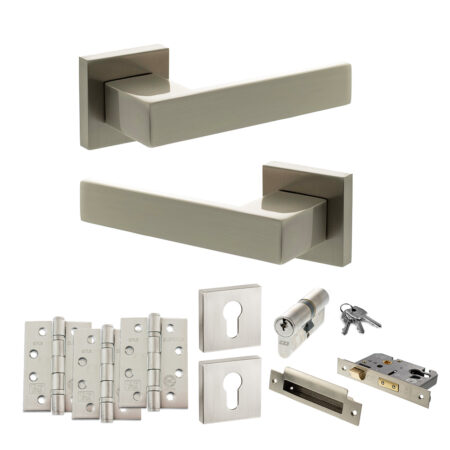 Senza Pari Panetti Door Handle Pack (Euro Lock Set - 3" CE Sashlock, 4" Fire Rated Hinges x3) - Satin Nickel