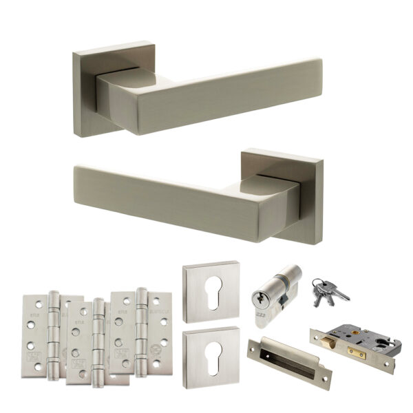 Senza Pari Panetti Door Handle Pack (Euro Lock Set - 3" CE Sashlock, 4" Fire Rated Hinges x3) - Satin Nickel