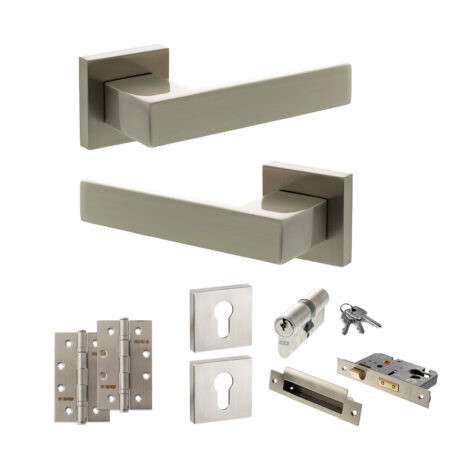 Senza Pari Panetti Door Handle Pack (Euro Lock Set - 2.5" CE Sashlock, 4" Slim Knuckle Hinges x2) - Satin Nickel
