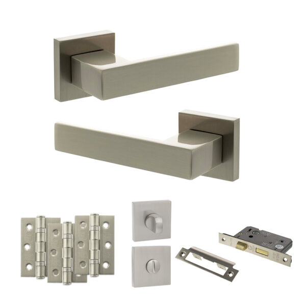 Senza Pari Panetti Door Handle Pack (Bathroom Set - 2.5" CE Bathroom Lock, 3" Fire Rated Hinges x3) - Satin Nickel