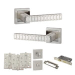 Senza Pari Bianca Door Handle Pack (Bathroom Set - 3" CE Bathroom Lock, 4" Fire Rated Hinges x3) - Satin Nickel