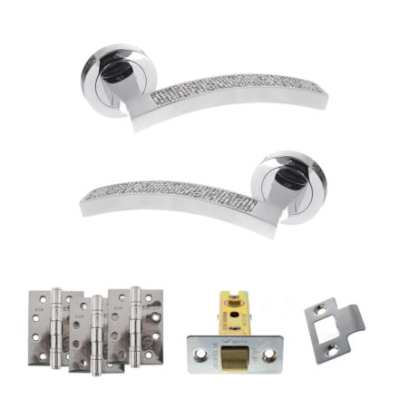 Senza Pari Crystal Door Handle Pack (Latch Set - 2.5" CE Latch, 4" Fire Rated Hinges x3) - Polished Chrome